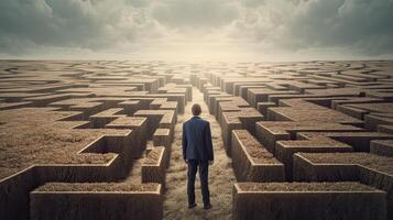 Rearview the businessman walking toward to concrete Maze. Businessman in front of a vast maze. Business and life concept. . photo