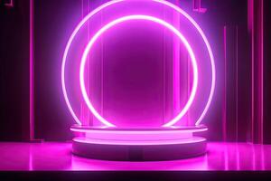 3d cylinder stand or podium in Sci-fi dark abstract room with illuminate circles neon lamp and shiny glitter in window. 3d rendering product display. Futuristic minimal scene. . photo