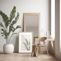 Mock up frame in home interior background, white room with natural wooden furniture, Scandi-Boho style. photo