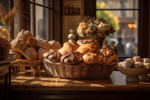 bakery interior with display counters full of scrumptious bread and pastries. Shop a patisserie or bakery with croissants, apple pies, waffles, and churros. Freshly baked pastries. photo