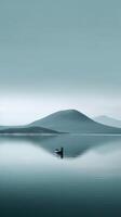 3d paisaje ilustración barco terminado el lago. en calma agua reflexión espejo. hombre con un paleta en el bote. resumen surrealista ilustración. generativo ai. foto