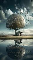 3D illustration home under the tree at filed. Abstract surreal illustration. . photo