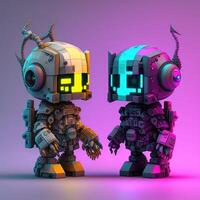 A portrait of cute cyberpunk robots. Big IT specialist robot with a hand wrench and a small robotic cyborg. photo