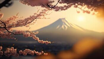 view of Mount Fuji with cherry blossom, and flowers at the lake in japan. Mount Fuji with cherry blossom, flowers at the lake in japan fuji mountain at viewpoint. photo