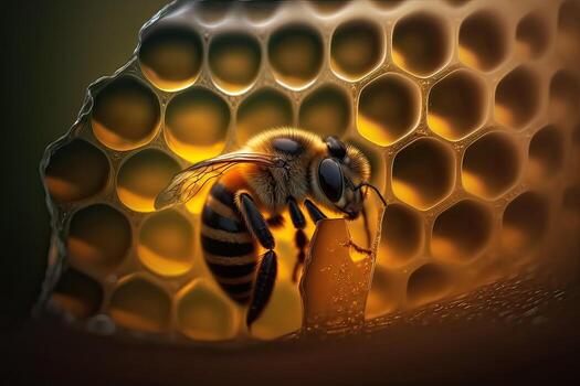 A honey bee works in a beehive on honeycombs. Close-up, selective focus. Close-up view of the working bees on honey cells. bee on honeycomb. photo