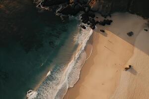 shot of Beautiful sea waves. Beach sand and amazing sea. Summer sunset seascape. Soft sunlight, clear sky, waves and water splashes. photo