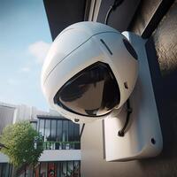 Security, CCTV cameras in the office building, and home security system concept with blur background. Outdoor CCTV Security camera installed on the building wall in the city. photo