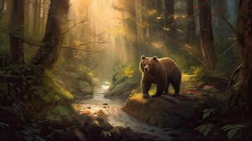 oso caminando solo en el césped campo. oso caminando mediante el bosque. generativo ai. foto