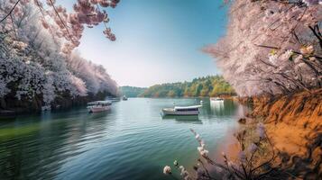 Tourists rowing boats on a lake under beautiful cherry blossom trees. . photo