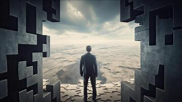 Rearview the businessman walking toward to concrete Maze. Businessman in front of a vast maze. Business and life concept. . photo