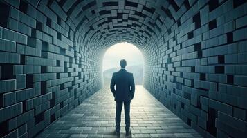 Rearview the businessman walking toward to concrete Maze. Businessman in front of a vast maze. Business and life concept. . photo