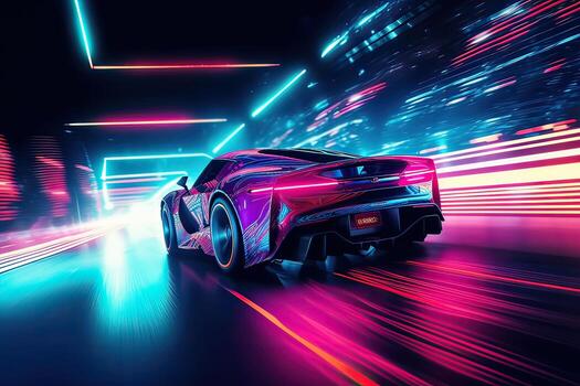 futurista Deportes coche en neón carretera. poderoso aceleración de un superdeportivo en un noche pista con vistoso luces y caminos. 3d ilustración. generativo ai. foto