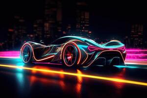 Futuristic Sports Car On Neon Highway. Powerful acceleration of a supercar on a night track with colorful lights and trails. 3d illustration. . photo