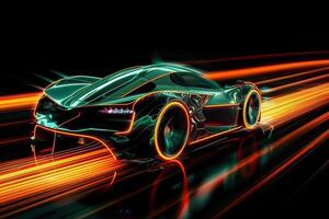 Futuristic Sports Car On Neon Highway. Powerful acceleration of a supercar on a night track with colorful lights and trails. 3d illustration. . photo