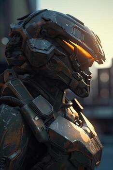 Close up A robot from the future. cyborg futuristic holographic technology. Portrait of a cyborg robot. The concept for Artificial Intelligence. photo