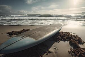 tabla de surf en el playa con playa firmar para surf área. viaje aventuras y agua deporte. relajación y verano vacaciones concepto. Clásico color tono imagen. generativo ai foto