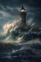 illustration of lighthouse on a rain and storm filled and giant waves crashing lighthouse atnight with a beam of light shining out to sea. . photo