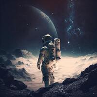 Astronaut on a rock surface with a space background. an astronaut standing on the lone planet with him looking forward. photo