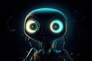 Cute robot with big eyes on dark background. photo