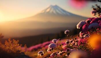view of Mount Fuji with cherry blossom, and flowers at the lake in japan. Mount Fuji with cherry blossom, flowers at the lake in japan fuji mountain at viewpoint. photo