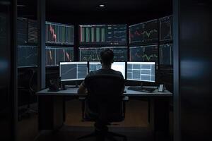 Trader at workplace analising stock exchange graphs. photo