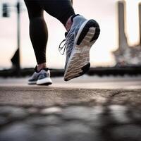 Close-Up of a Runner's Shoe in Action. one foot on the ground firmly, and the other side lifted to prepare to rise and soar, running. Non-existent person. photo