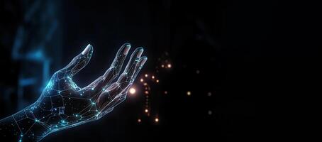 Artificial intelligence hand on dark background. Digital hologram. Futuristic concept. photo