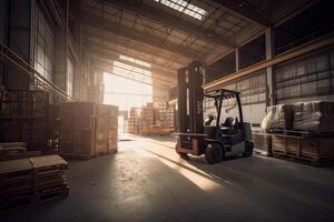 Forklift for loading pallets with packages in warehouse interior. photo