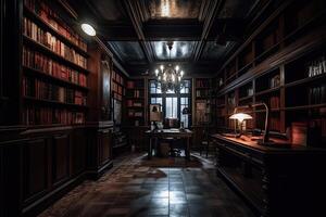 Interior of library with many bookshelves. photo