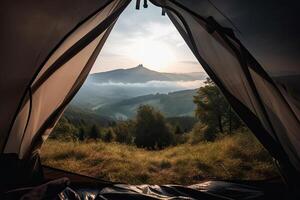 View from inside tent to mountain landscape. photo