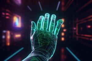 Artificial intelligence hand on dark background. Digital hologram. Futuristic concept. photo