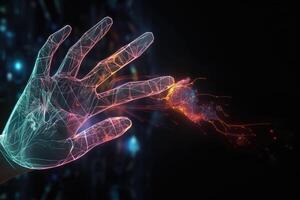 Artificial intelligence hand on dark background. Digital hologram. Futuristic concept. photo