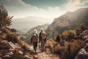 Senior couple hiking in mountains. Elderly tourists with bikepacks travelling outdoor. photo