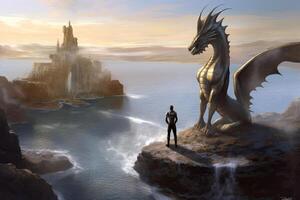 Man stands in front of huge dragon, fantasy world. photo