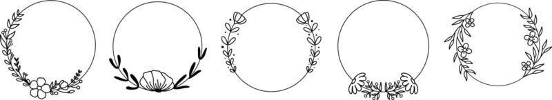 Set of flower wreath frame wedding doodle. Leaf branch wreath with circle frame. Design suitable for frame and invitation card. Pro Vector