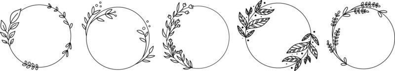 Set of floral frame wedding doodle. Leaf branch wreath with circle frame. Design suitable for frame and invitation card. Pro Vector