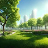 landscape view of future city with eco green park, generative art by A.I. photo