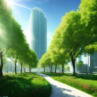 landscape view of future city with eco green park, generative art by A.I. photo