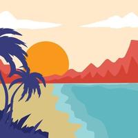 Beach scene illustration design, with views of trees, mountains, and the sun vector