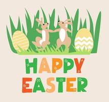 Happy Easter hand lettering, vector illustration concept with bunny, eggs and grass