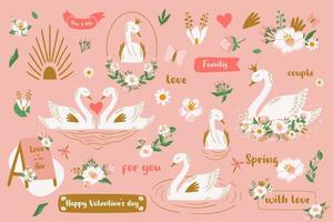 Floral pink swan set with pair of birds in love, phrases, princess, crown, flowers, frames, heart isolated elements. Cute cartoon goose bird for wedding, Valentines day. Vector illustration collection