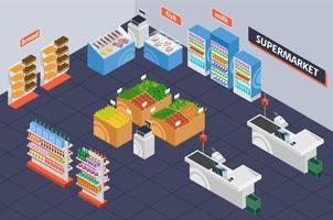 Isometric supermarket. Retail shop shelving with products. Grocery store interior with checkout desk, shelves, showcase display 3d vector layout