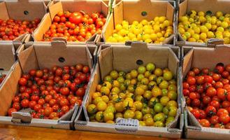 Beautiful colorful tomatoes in boxes,tomatoes display photo