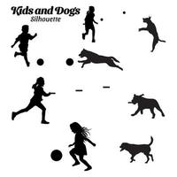 Kids and dog playing silhouette vector illustration.