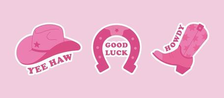 conjunto de rosado pegatinas salvaje Oeste tema. vaquera ilustraciones, vaquero sombrero, herradura y bota con letras vector