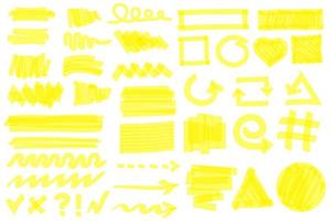 Highlighter strokes. Yellow marker lines, strokes, arrows, frames, circles, checkmarks. Hand drawn permanent markers doodle elements vector set