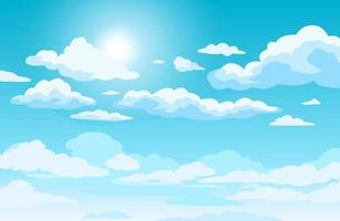 Blue sky with clouds. Anime style background with shining sun and white fluffy clouds. Sunny day sky scene cartoon vector illustration