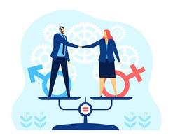 Gender equality. Business man and woman standing on balance scales. Equal rights, opportunities in workplace, wage equality vector concept