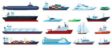 Flat sea boats. Cruise, cargo ship, yacht, sailboat, tugboat, motorboat, submarine, fishing boat. Ocean travel transportation vector set