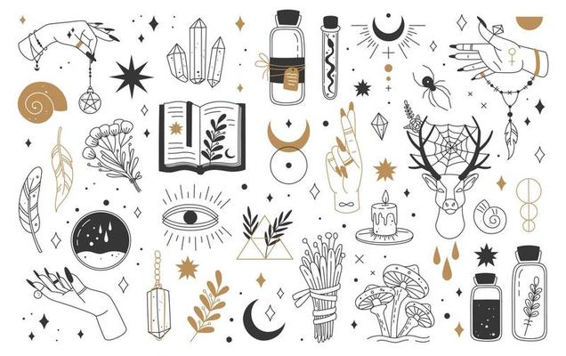 Mystic and esoteric elements. Moon, witch hands, crystals, potions, flowers. Mystical astrology, magic, witchcraft, occult symbols vector set